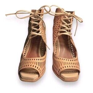 Jeffrey Campbell Rayos High Wedge Tan Leather Perforated Sandals US 7.5 Boho